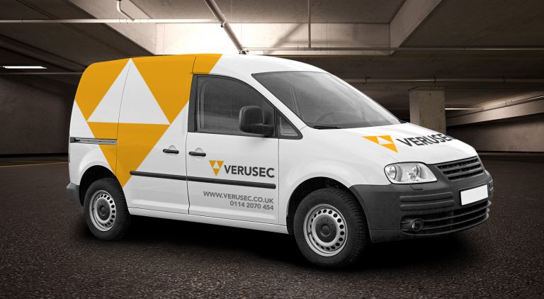 Deliverables from a branding project by Born + Raised for Verusec. Shown is vehicle livery on a white van.