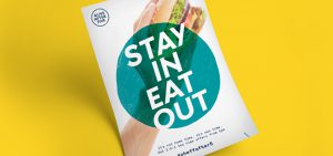 'Stay in eat out' flyer design by Born + Raised, part of the Alive After Five campaign for Sheffield BID.