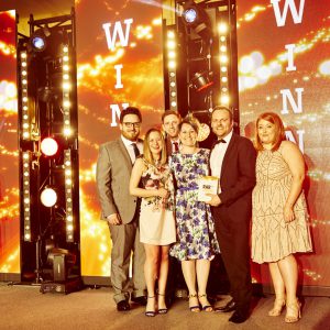 A photograph of Born + Raised staff at the RAR Awards. Pictured are Charlotte Hill, Account Director, Andy Weir, Managing Director, Marianne Lamb, Account Director, Tom LLoyd, Multimedia Developer and Jack Salmons, Senior Designer.