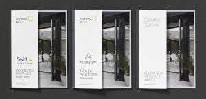 Several brochure covers with differing page sizes by Born + Raised for Express for Trade.