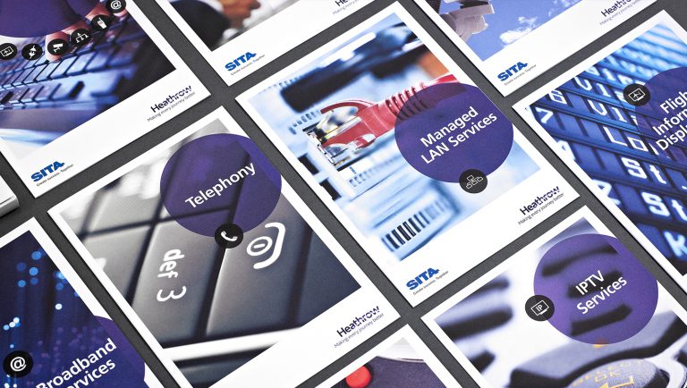 A selection of brochures and data sheets designed for Heathrow IT Services by Born + Raised.
