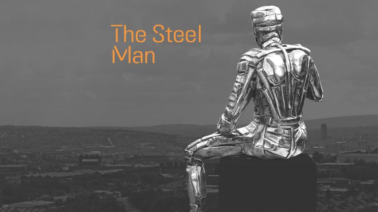 The Steel Man image of the logo and mock-up of the statue