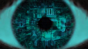 HSBC image of an eye close up with a circuitboard on the iris
