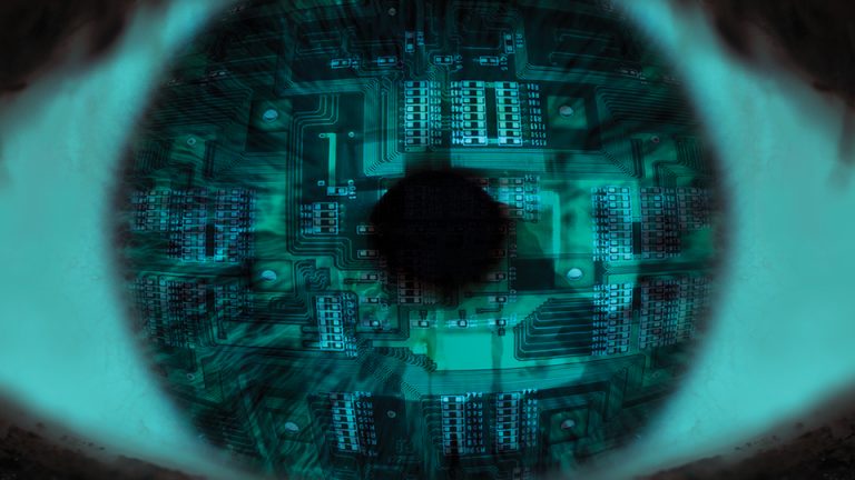 HSBC image of an eye close up with a circuitboard on the iris