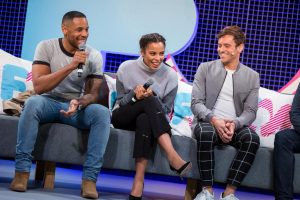Reggie Yates, Rochelle Humes and Tom Daley being interviewed