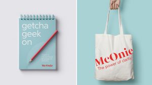 Examples of McOnie brand applied to notepad and tote bag.
