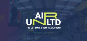 The text: 'Air Unltd- the ultimate urban playground' over a blue background with a faded image of the park
