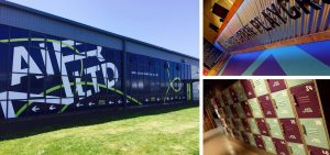 three photographs showing the Air Unltd venue: one of the outer, one of the inner and one of the lockers