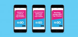 An image for MoneySuperMarket, showing the display ads on three mobiles