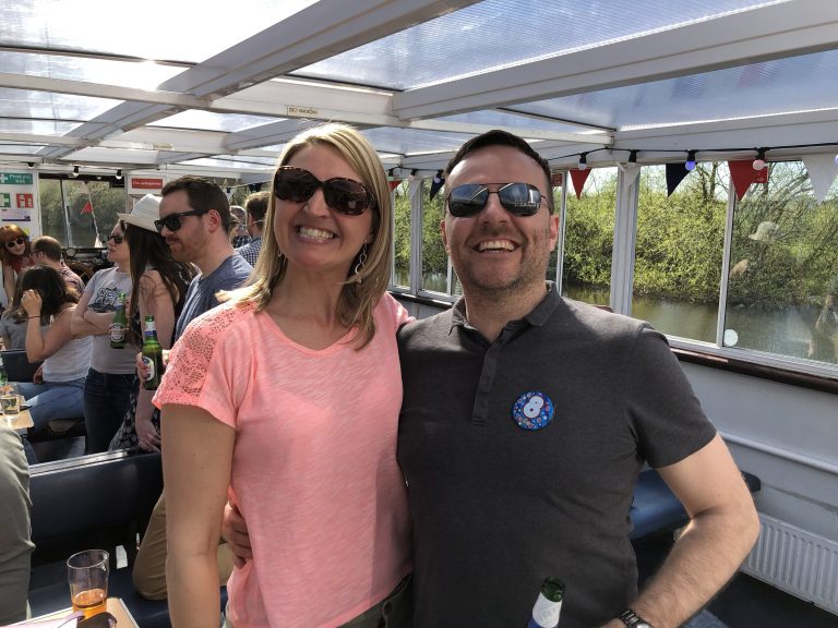 Tamaris Roberts, Office Manager and Andy Weir, Managing Director, celebrating Born and Raised's anniversary in Chester