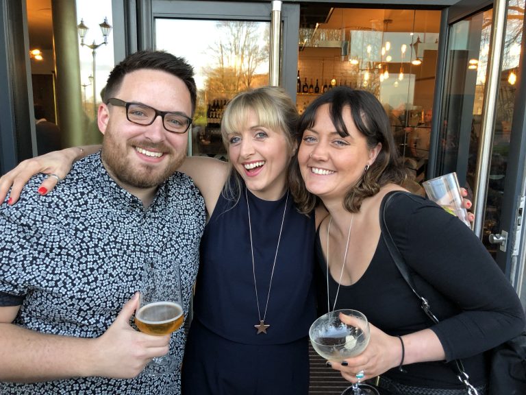 Jack Salmons, Senior Designer, Yvette Weir, Head of Design, Grace Anderson, Account Executive, celebrating Born and Raised's anniversary in Chester