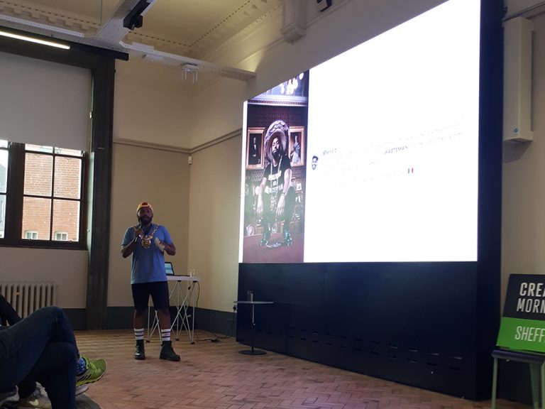 Mayor Majid speaking at Creative Mornings
