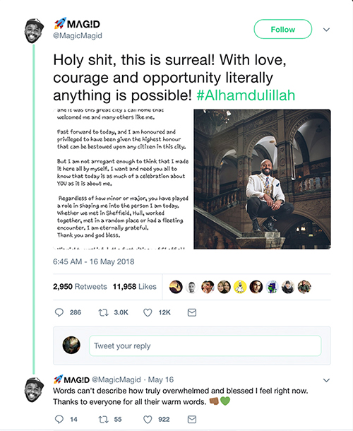 Mayor Majid's tweet depicting support from twitter followers