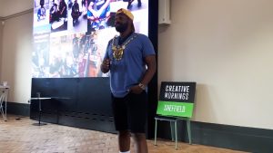 Mayor Majid speaking at Creative Mornings