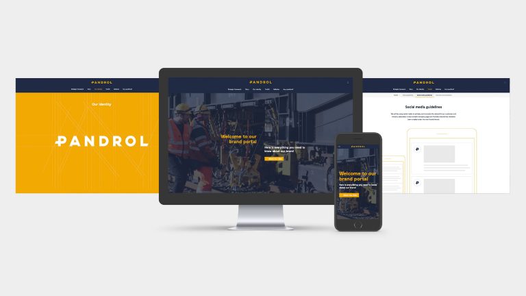 Image of the new Pandrol branding on several screens, created by Born + Raised
