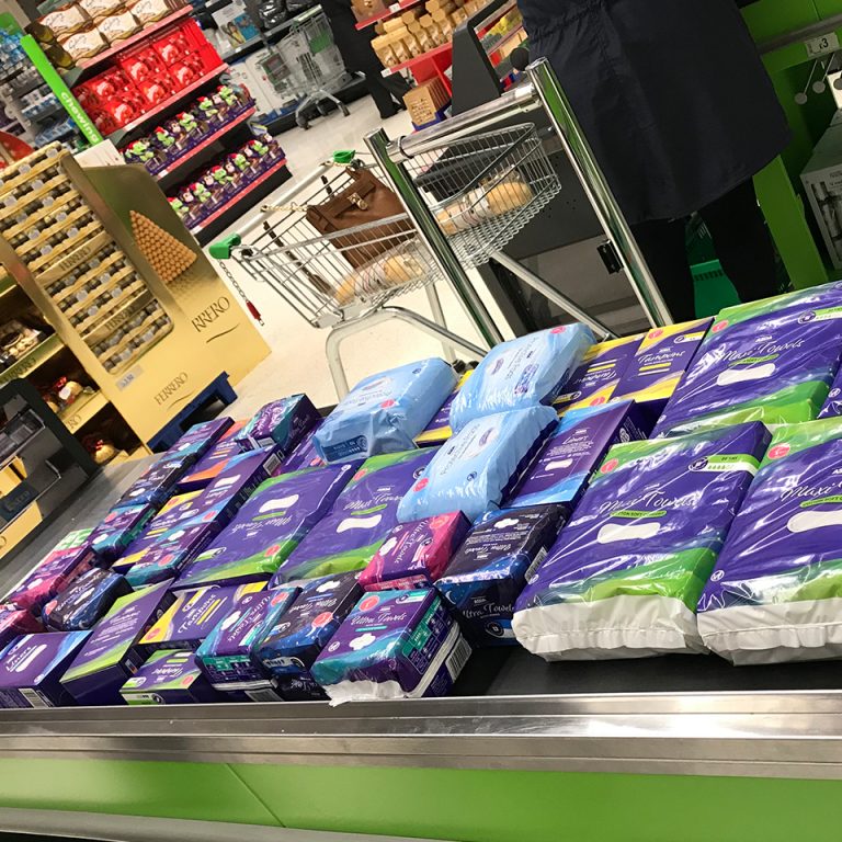 Sanitary products that Megan Cliffe, Marketing and Business Developement exeuctive at Born and Raised bought for the local food bank