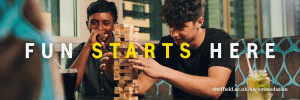 Campaign visual of students playing Jenga